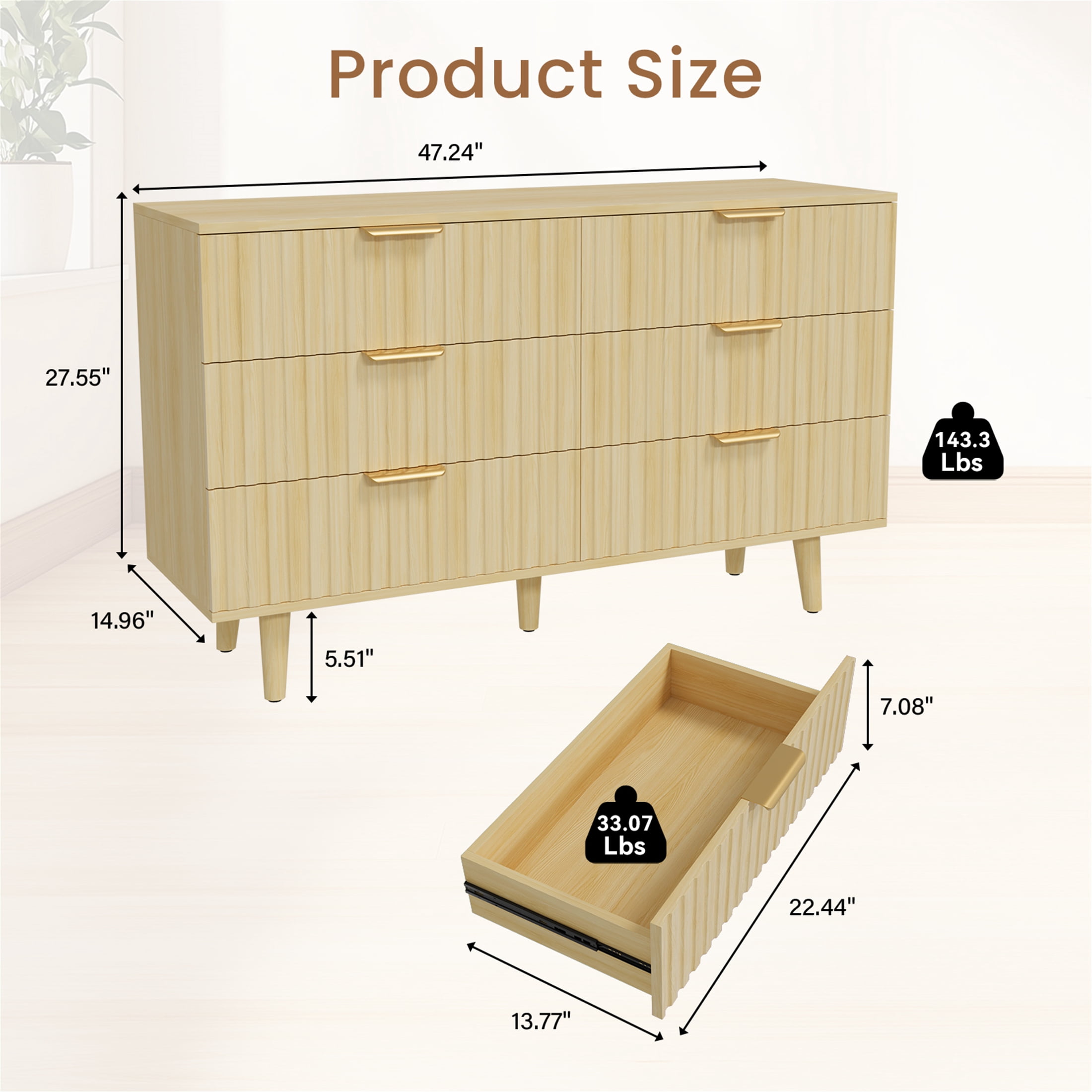 Planntonneo Fluted 6 Drawers Dresser, Wooden Chests of Drawers for Bedroom, Living Room, Entryway, Nature Wood Color