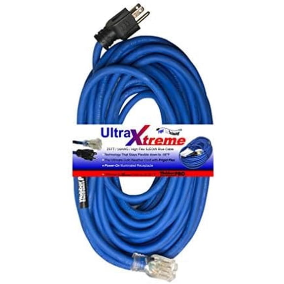 UltraXtreme Hi-Flex All Weather Illuminated Locking /25 FT Locking, 14AWG / Extension Cord SJEOW Blue/Heavy-Duty Industrial Grade