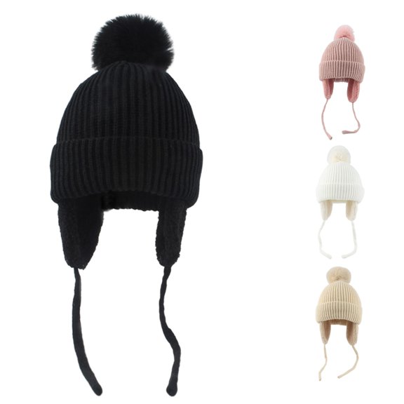 Krdevn Kids Winter Ribbed Knit Earflap Beanie Hat Single Pom Pom Lined Chin Tie Windproof Soft Stretch Unisex Headwear for Toddler Boys Girls