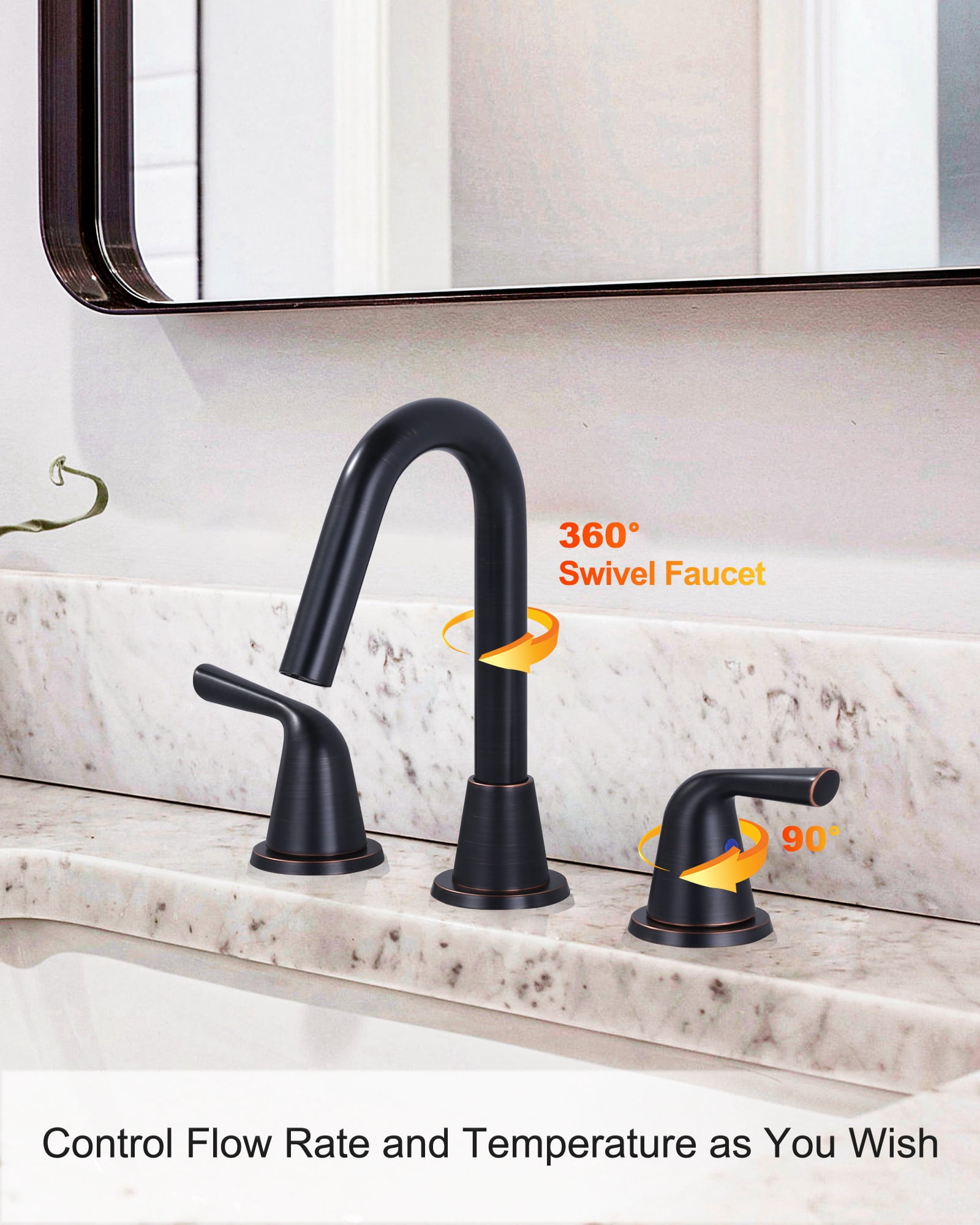 WOWOW Widespread Bathroom Faucets for Sink 3 Hole Oil Rubbed Bronze, 8 inch Bathroom Faucet with Pop Up Drain Assembly and Water Supply Lines 2 Handle 360° Swivel Spout Basin Faucets for Vanity