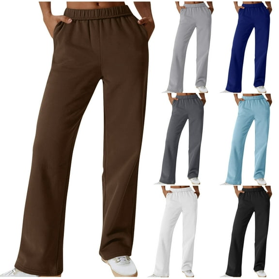 FRSASU Womens Elastic Waisted Sweatpants Straight Leg Pants Solid Color Casual Sweat Pants with Pockets White