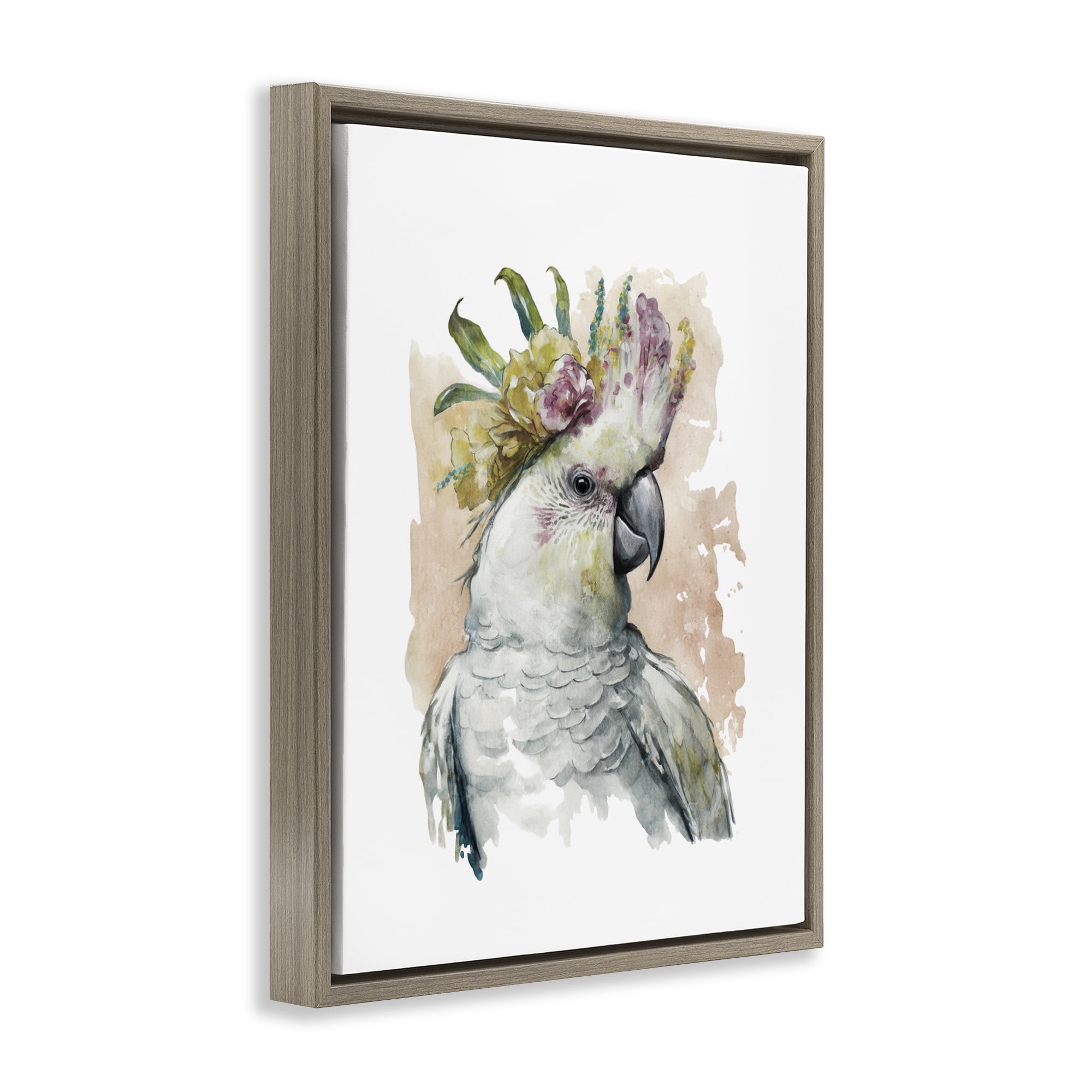 Stupell Industries Cockatiel with Pink Flower Animals Painting Brown Floater Framed Canvas Art Print Wall Art, 17 x 21