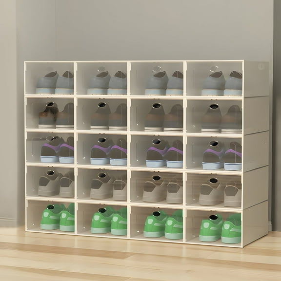 20 Pairs Modular Shoe Rack, Plastic Shoe Storage Boxes with Clear Flip Doors Stackable Shoe Orgarnizer for Closet White