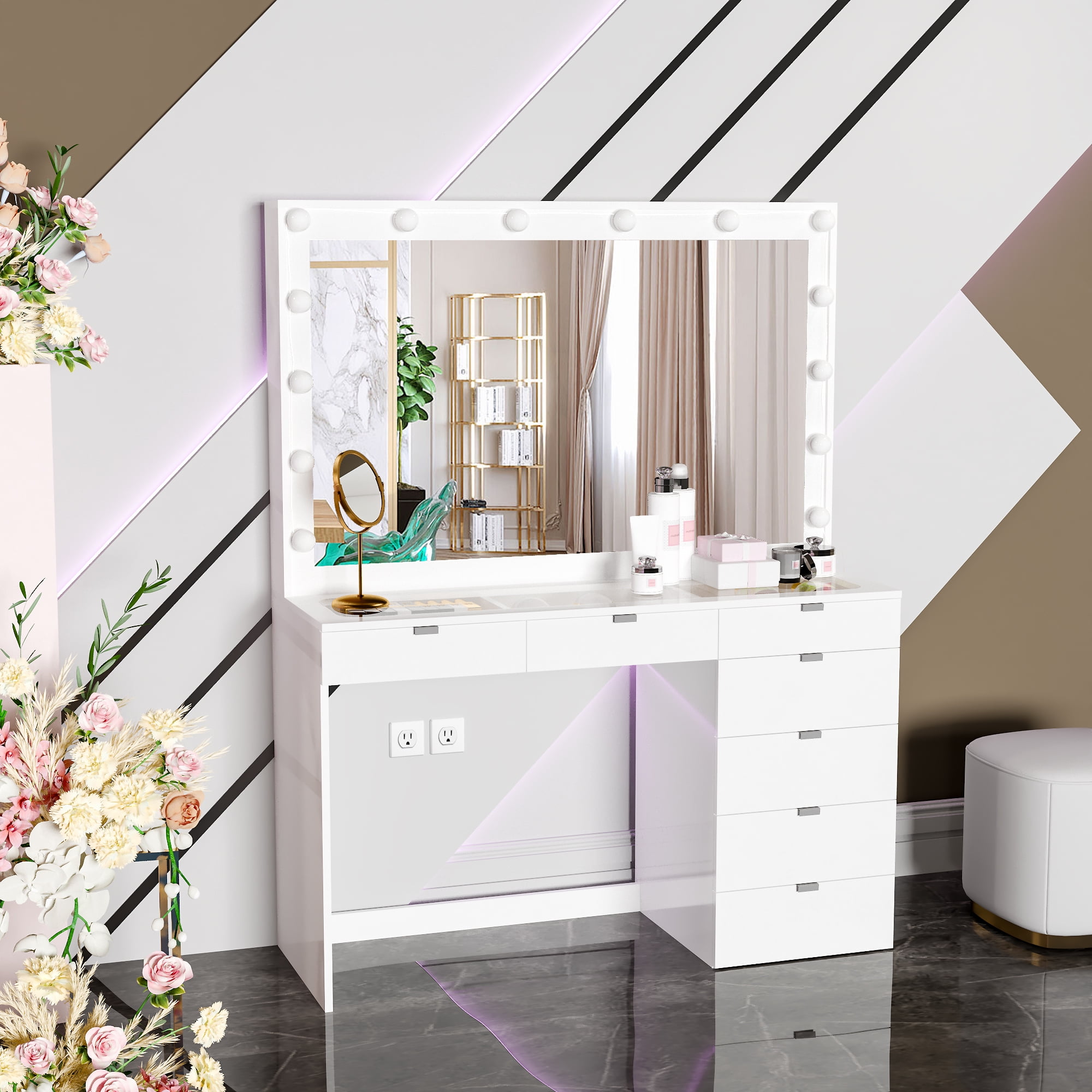 Boahaus Serena Modern Lighted Vanity Desk, White, Glass Top, for Bedroom - Walmart.com