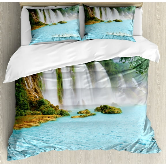 Ambesonne Waterfall Duvet Cover Set, Lake and Swans Nature, Queen, Blue Green White