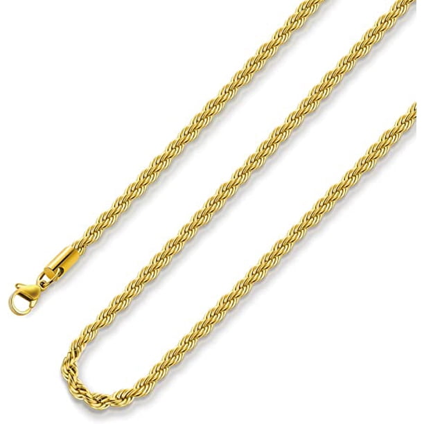 18K Real Gold Plated Rope Chain, 4mm Twist Chain Necklace for Men Women