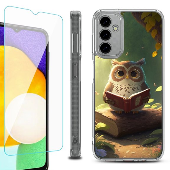 Shockproof Bumper Phone Case for Samsung Galaxy A14 5G, with Tempered Glass Screen Protector, by OneToughShield ® - Owl Reading
