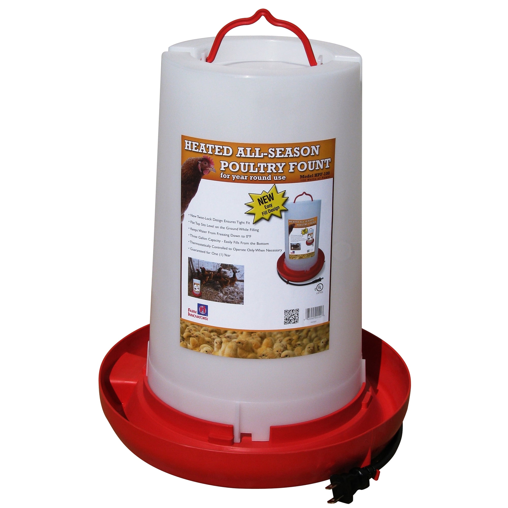 Farm Innovators HPF-100 Heated 3 Gal Hanging Poultry Water Fountain, Red
