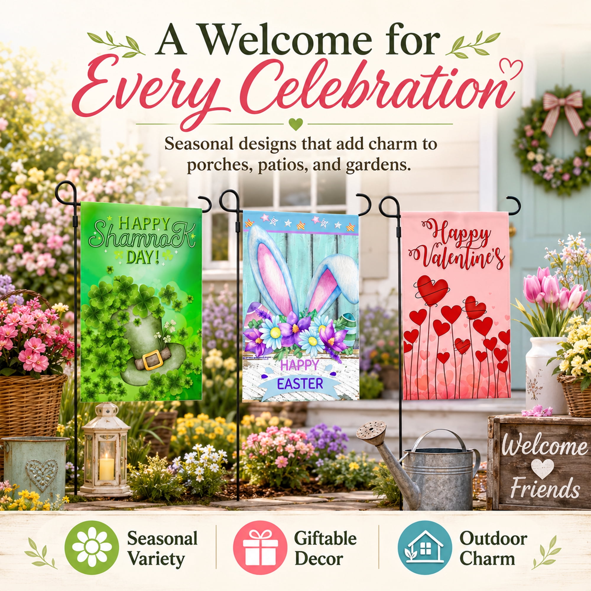 Country Charm Garden Flags (Set of 10)  12"W x 18"L Double Sided Flags for Outdoors with Black Garden Holder 34"L x 17"W