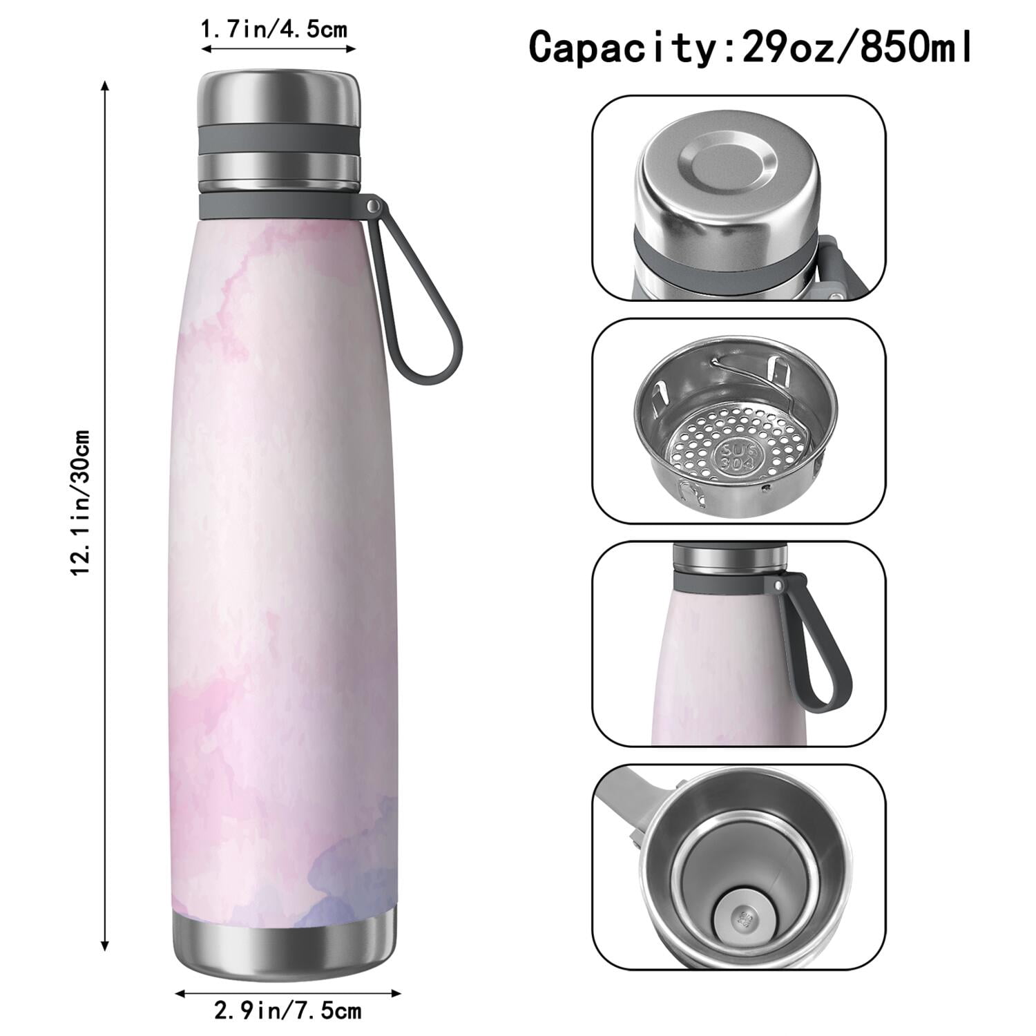 29oz Insulated Water Bottle with Tea Infuser, Stainless Steel Travel Mug, Fluid Smoke Aurora Art Style