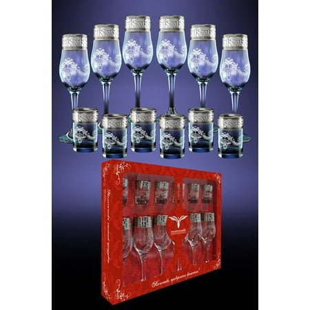 Crystal Head Vodka (Crystal Goose GX-05-160/837, Set of 6 Long Stem Flute Glasses and 6 Vodka Shot Glasses Glasses with Platinum Sputtering, Glassware Set with Platinum-Plated Trim, Gift Box Set of)