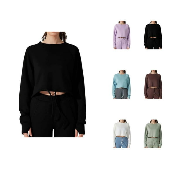 Cropped Sweatshirts for Women 2025 Fall Winter Long Sleeve Crewneck Loose Plain Pilates Sweatshirt Pullover Tops