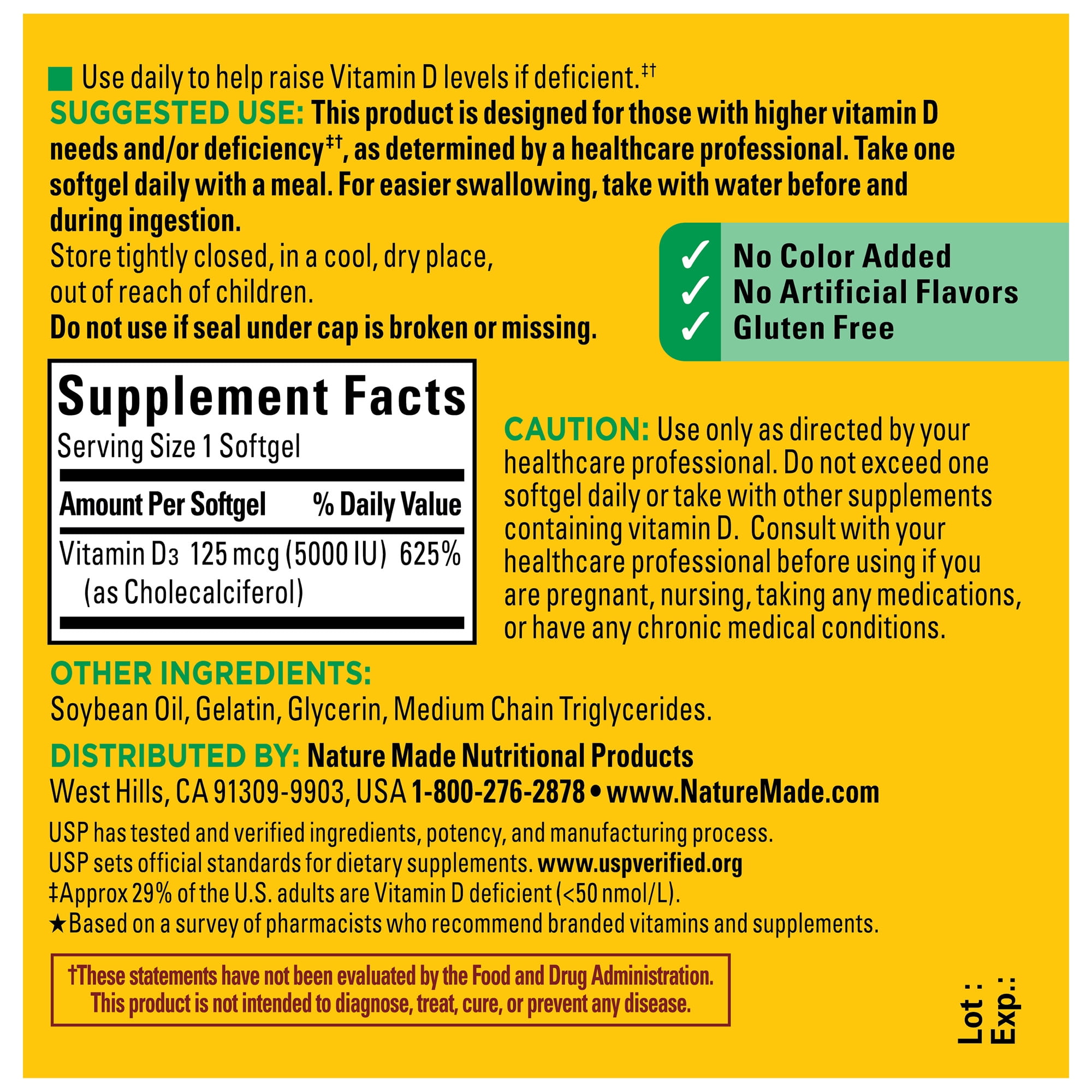 Nature Made Extra Strength Vitamin D3 5000 IU (125 mcg) Softgels, Dietary Supplement, 210 Count