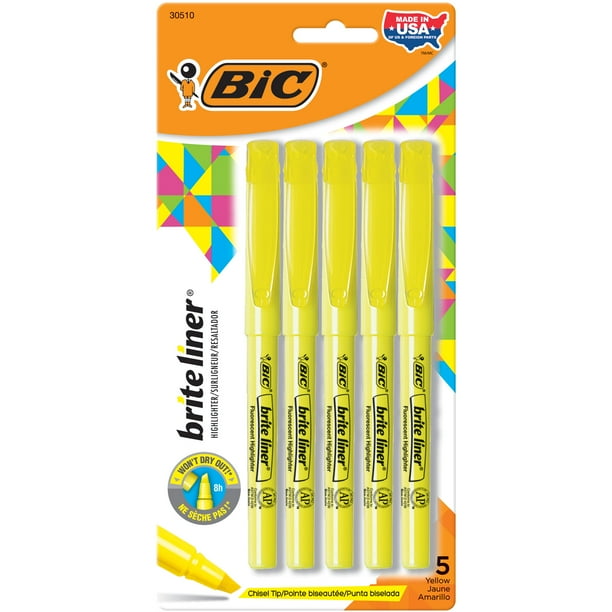 BIC Brite Liner Highlighter, Chisel Tip Pocket Highlighter, Yellow, 5 Count