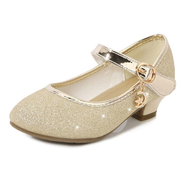 Avrnliq Girls Gold Glitter Mary Jane Shoes Low Block Heel Princess Dress Shoes with Moon Star Charm for Wedding Party Birthday Flower Girl,Size 34