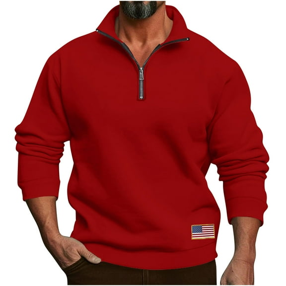 GuangCheng Mens Half Zip Pullover Sweatshirts,Patriotic,USA Flag Patch,Casual Soft Warm Tops,Red,Size XL