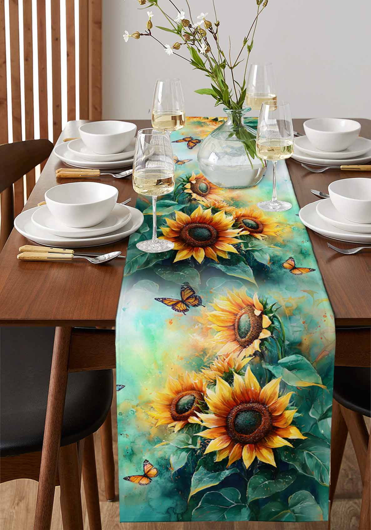 Table Runner Dresser Scarf 18 x 72 Inch Watercolor Sunflower Floral Butterfly Teal Green Leaf Table Runners Non-Slip Heat Kitchen Dining Table Decor for Indoor Outdoor Home Party Decoration