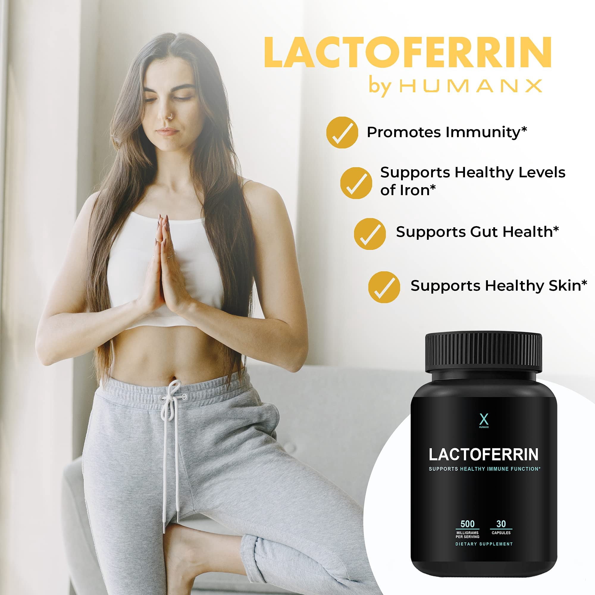 Lactoferrin 500 MG (Gluten Free, Non GMO, Soy Free) - A Component in Colostrum - Supports Healthy Immunity and Iron Utilization - Lactoferrin Supplements by Humanx