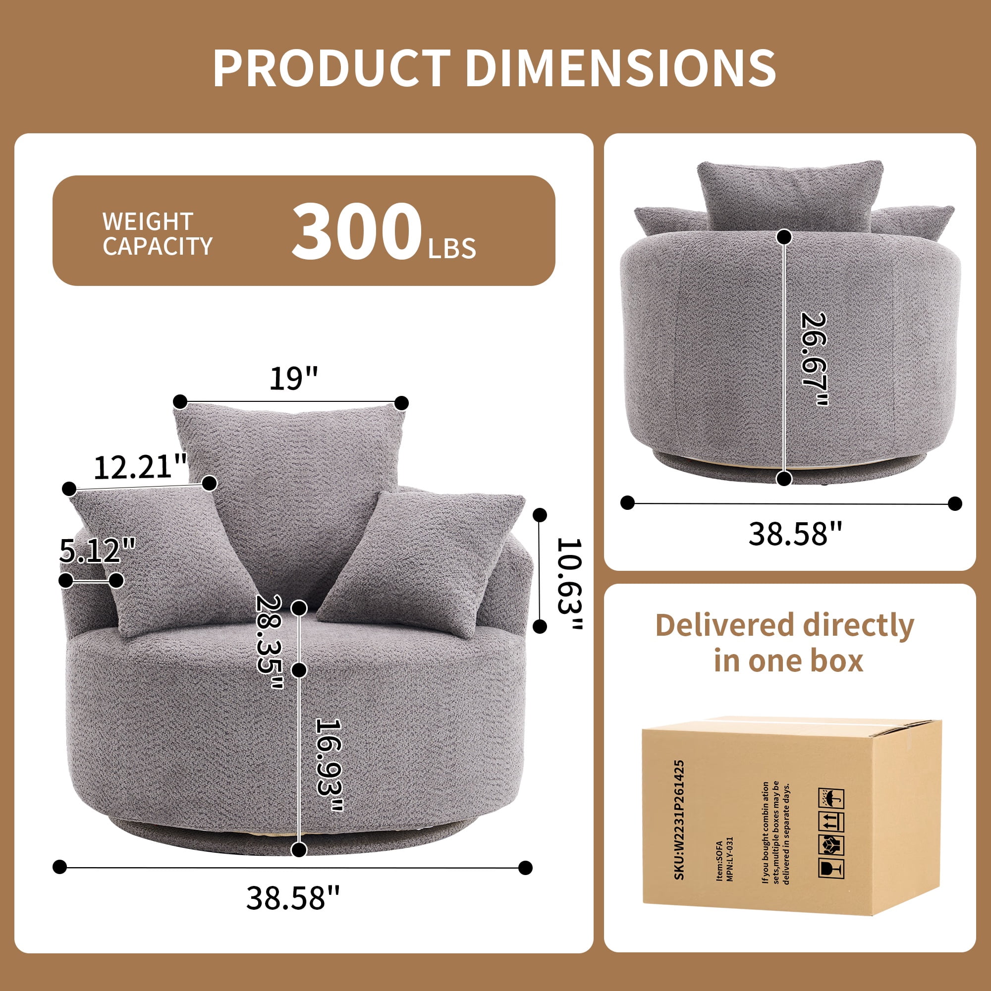 PORKISS Oversized Swivel Accent Chair Barrel Chair, Crochet Yarn Upholstered Armchair with 3 Pillows, Round Armchair Leisure Sofa Chair for Living Room Office Lounge Hotel, Gray