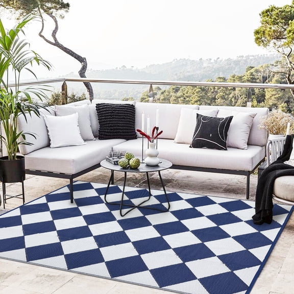 HIWEAVER 9' x 12' Navy/White Outdoor Rug PP Plastic Straw Woven Waterproof Patio Rug with Border Portable Outside Carpet for Balcony Deck Picnic Garden Decor