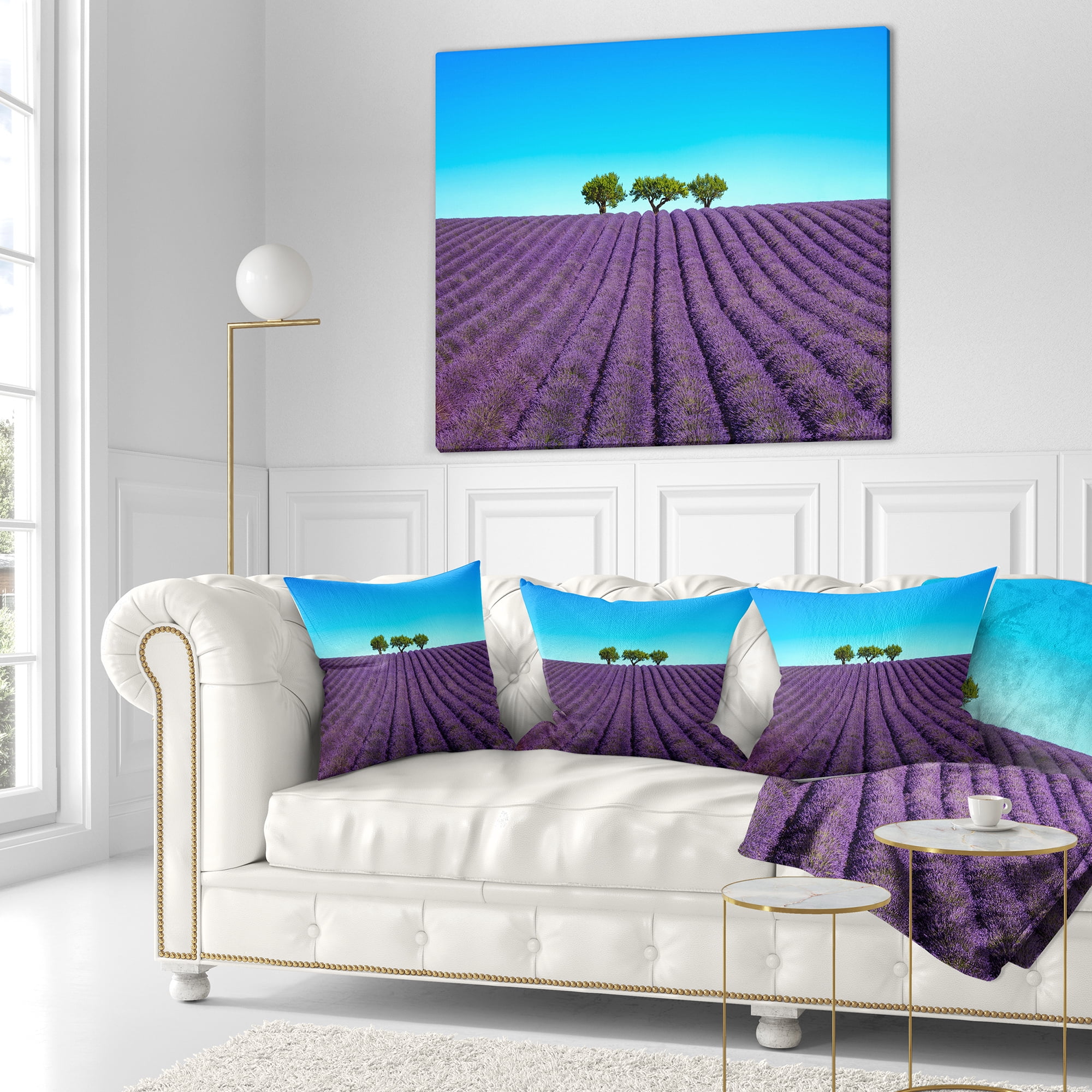 Designart Lavender Flowers and Uphill Green Trees - Landscape Wall Throw Pillow - 16x16
