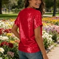 thumbnail image 3 of MaFYtyTPR Women's Sequin Short Sleeve Shirts Sparkly Casual Solid Color Spliced V-Neck Button Loose T-shirts Tops Red XL, 3 of 4
