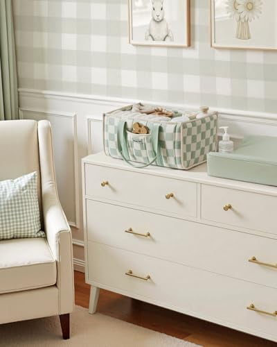 Checkered Diaper Caddy Organizer, Stylish Nursery Storage Basket, Gift for Baby Shower, Newborn Essentials, Registry Search Must Haves, Sage Green
