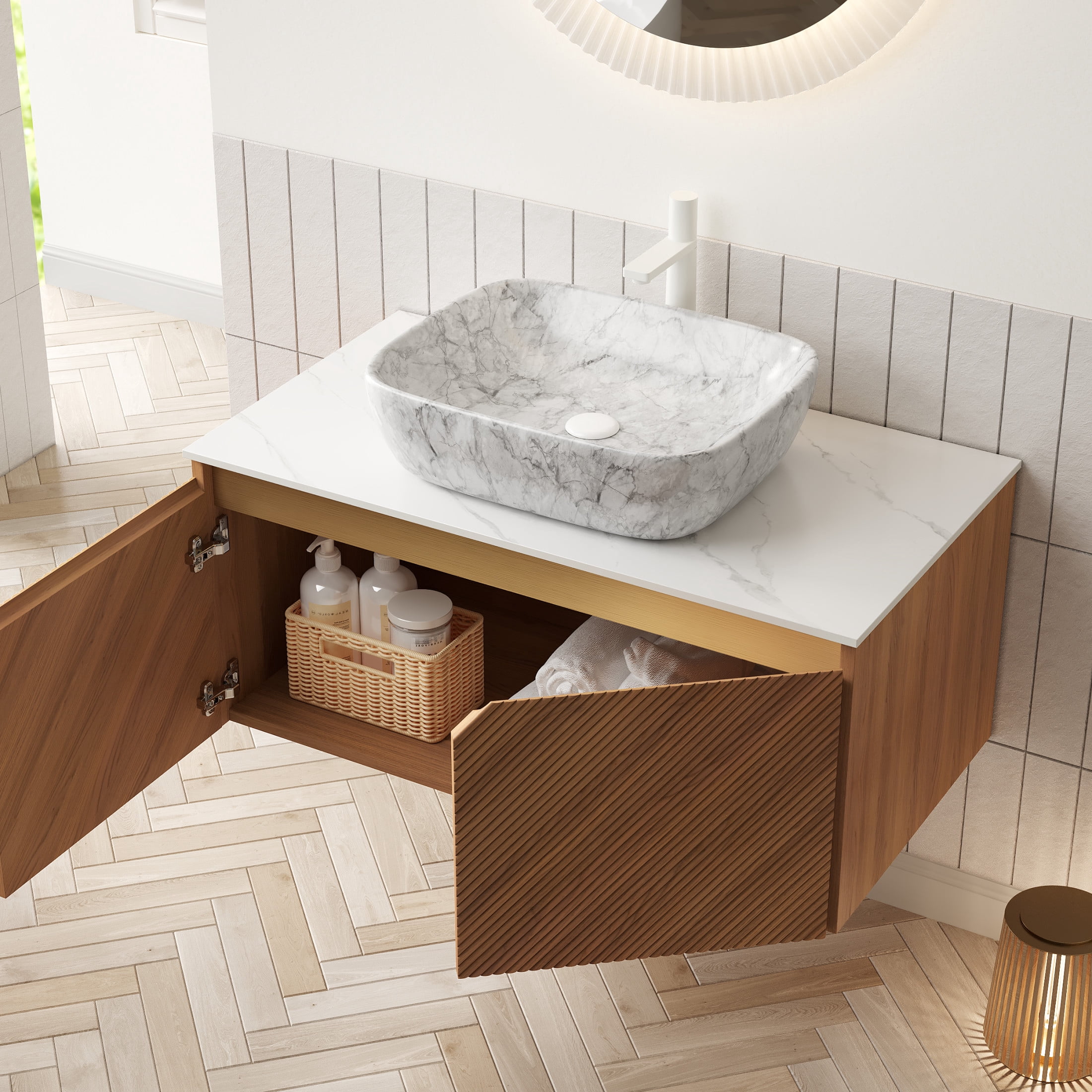 Noble House RUBEN 36" Floating Bathroom Vanity, Sintered Stone Top Cabinet with Gray Stone Ceramic Vessel Sink, Oak