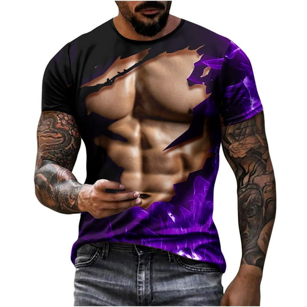 Camisetas de Manga Larga de los Hombres Casual Muscle Print Graphic Tee, Camiseta de Cuello de Tripulación de Manga Corta para las Vacaciones Diarias