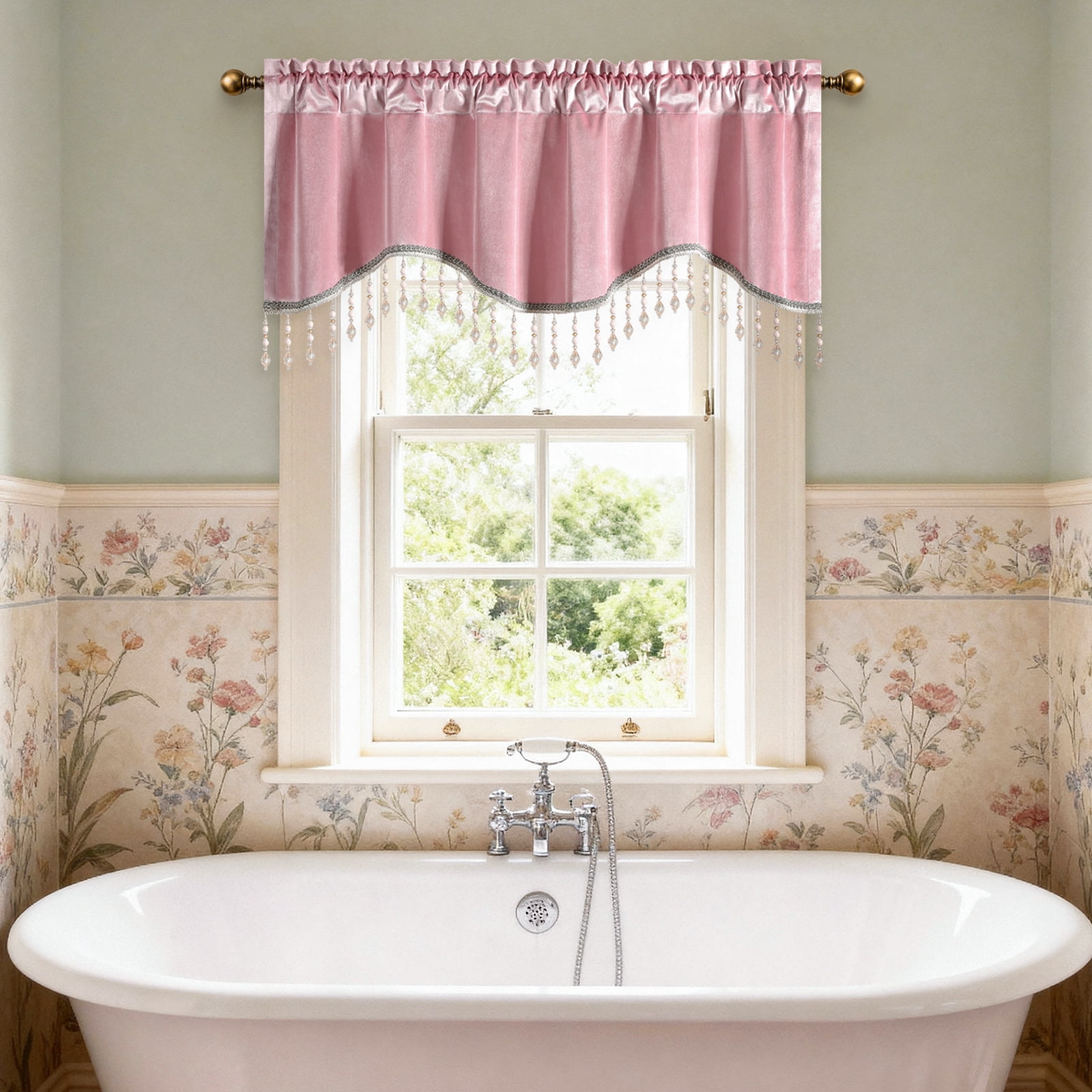 VOGOL Pink Velvet Scalloped Window Valance with Beaded Trim, Elegant Curved Curtain Topper for Bedroom Living Room