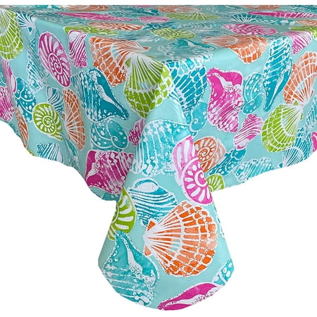 

Newbridge Shoreline Tropical Seashell Print Flannel Back Vinyl Tablecloth Bold Colorful Coastal Beach Theme Vinyl Indoor/Outdoor Waterproof Patio BBQ Tablecloth 60 Inch x 102 Inch Oblong/Rectangle
