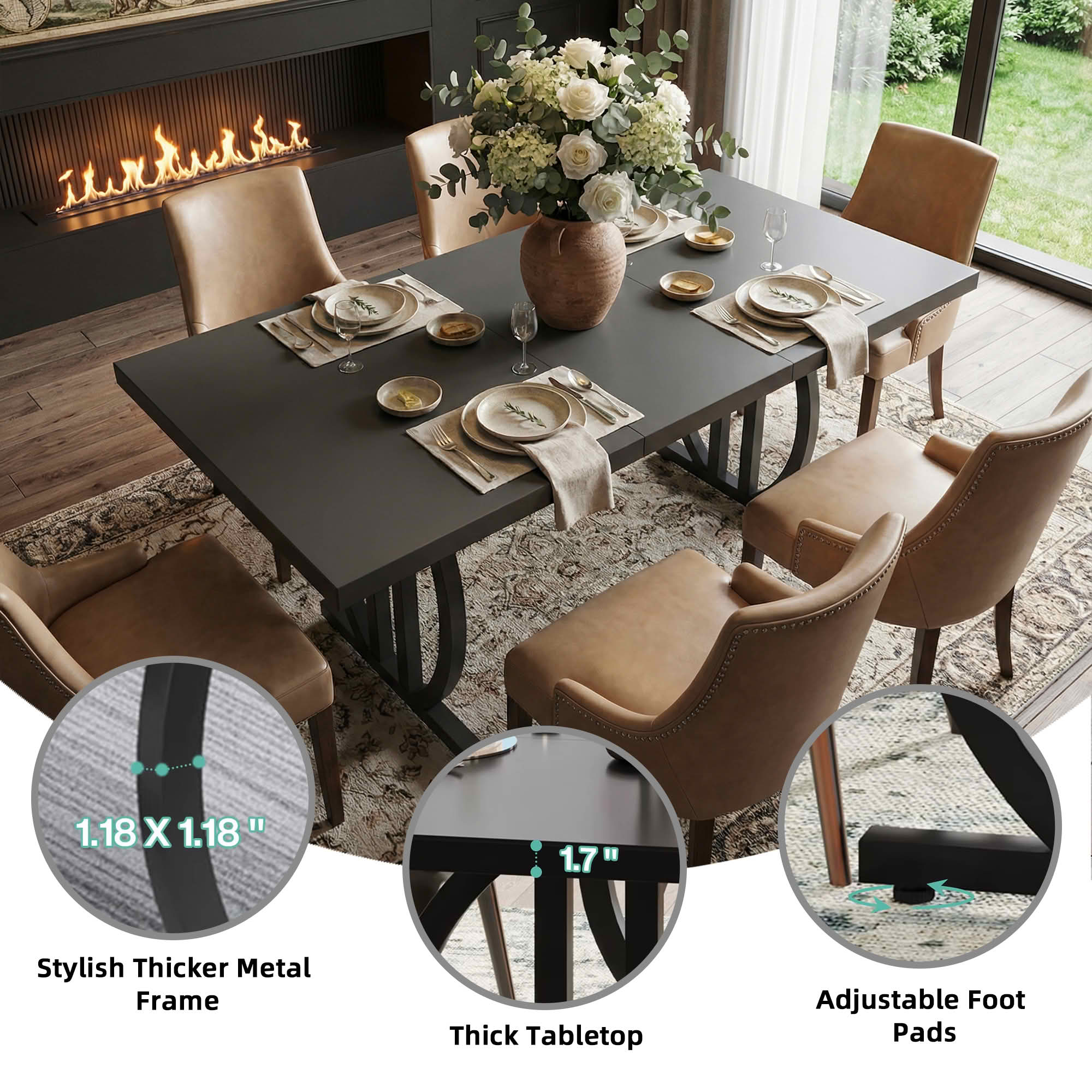 MAYEERTY 63 Inch Modern Dining Table, All Black Rectangular Kitchen Dinner Table with Sturdy Metal Frame for 4 to 6 People
