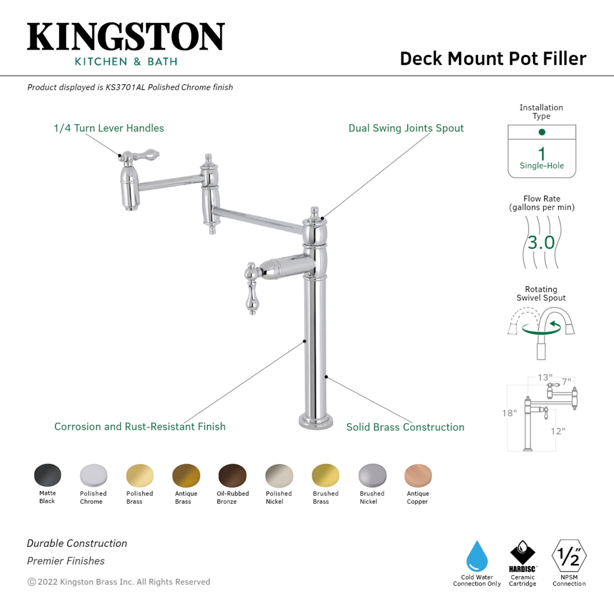 Kingston Brass KS3707AL Restoration Deck Mount Pot Filler Faucet, Brushed Brass