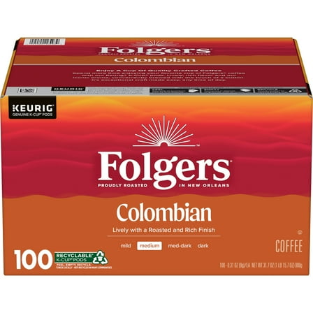Folgers Colombian Coffee, Medium Roast, Keurig K-Cup Pods, 100 Count Box