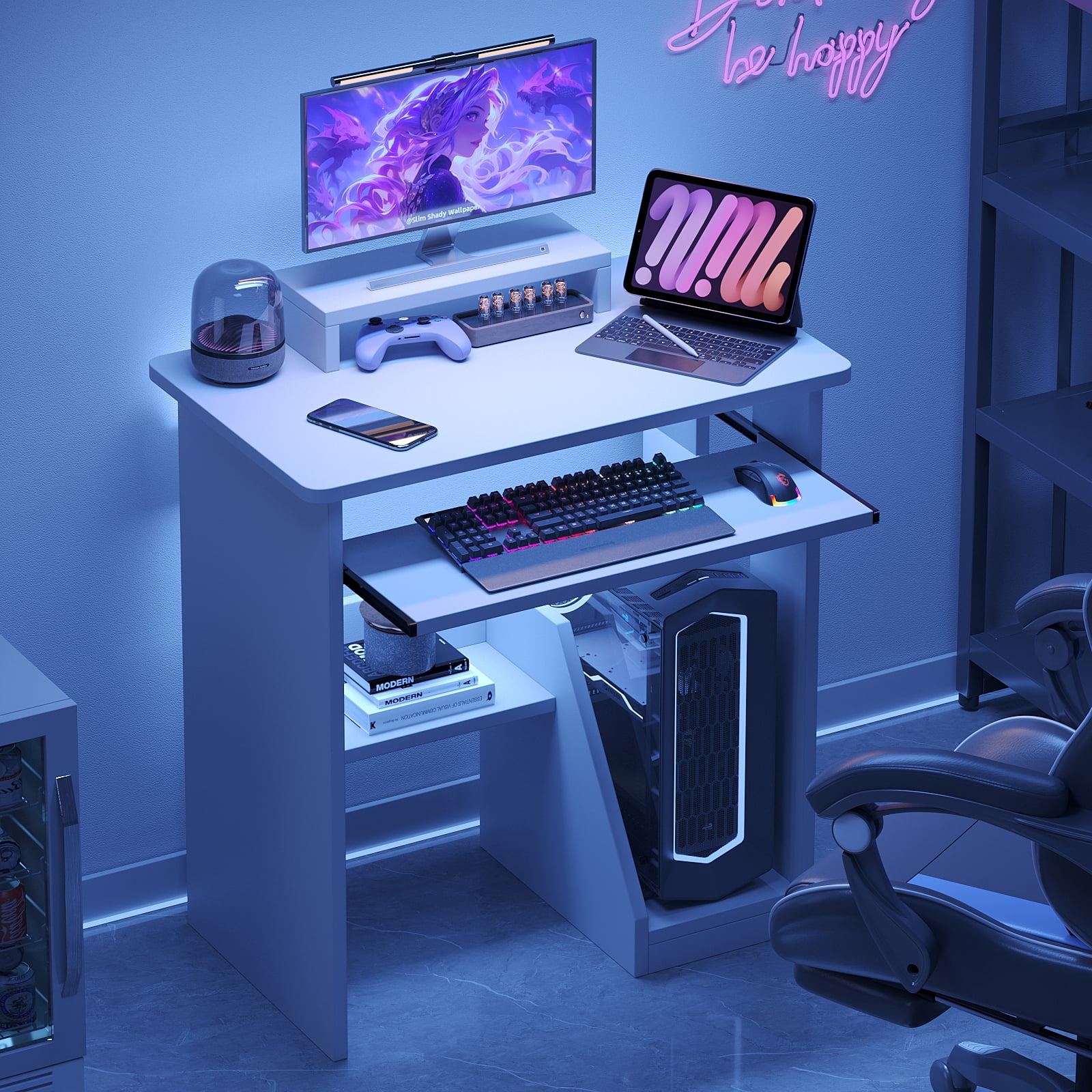 ALISENED Computer Desk with Monitor Stand Keyboard Tray, 29.5 inch Sturdy Desk with Storage Shelves