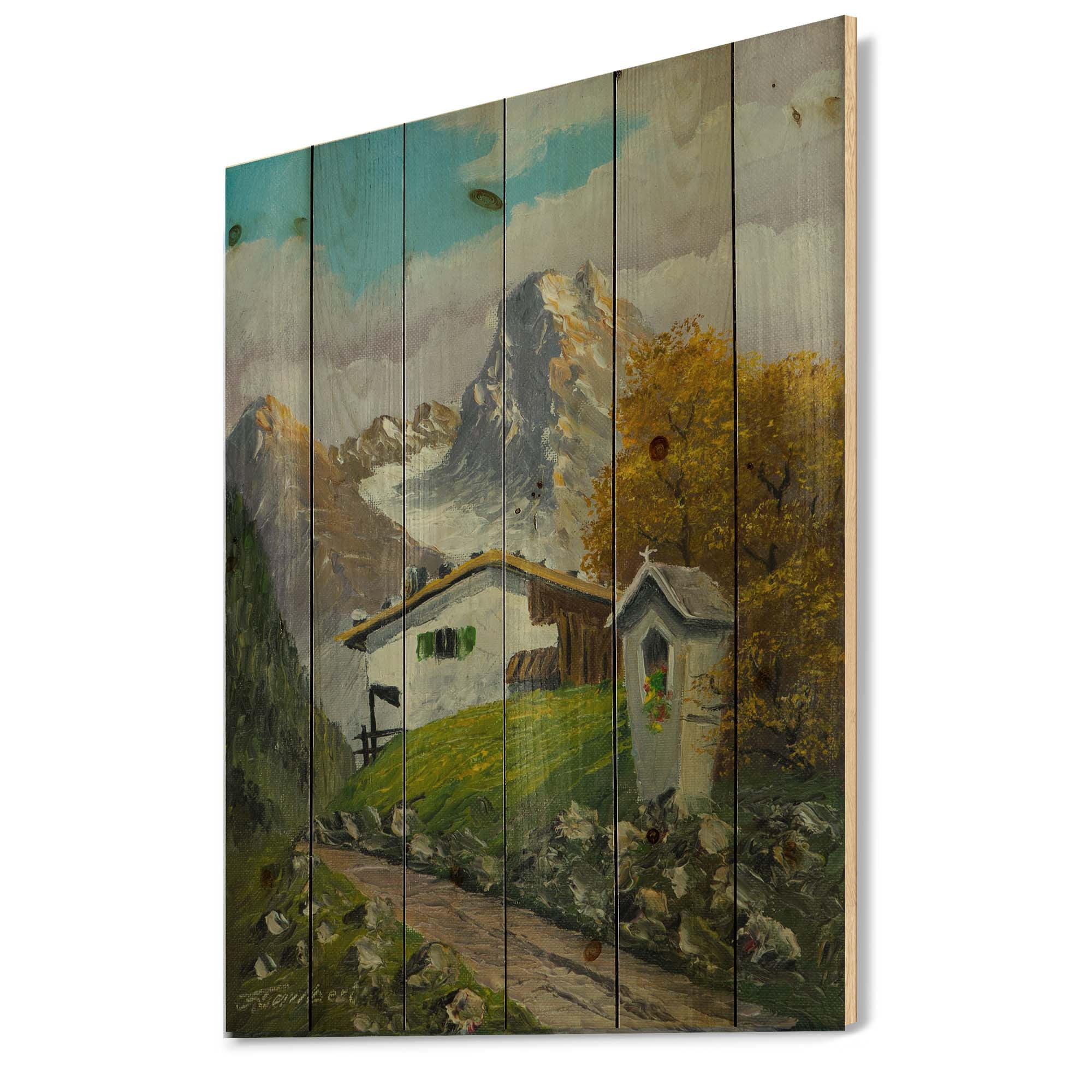 Designart 'The Path Leading To A House Along Wayside Shrine' Farmhouse Print on Natural Pine Wood