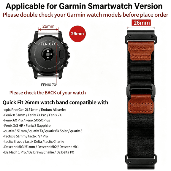 DESIGNICE Nylon Quickfit 26Mm Watch Band for Fenix 8-51Mm/Fenix 7X/6X/5X/3/Epix Pro Gen 2-51Mm/Tactix/Marq/Quatix/Enduro-Adjustable Soft Sport Strap with Leather Design for Men&Women