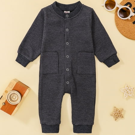 

Boys Girls Long Sleeve Winter Solid Ribbed Jumpsuit Romper With Pocket Dark Gray 90