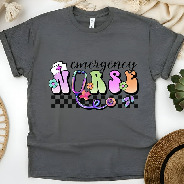 Emergency Nurse T-Shirt | Pastel Lettering with Stethoscope and Checkered Print Tee, Dark Heather, Size 2XL