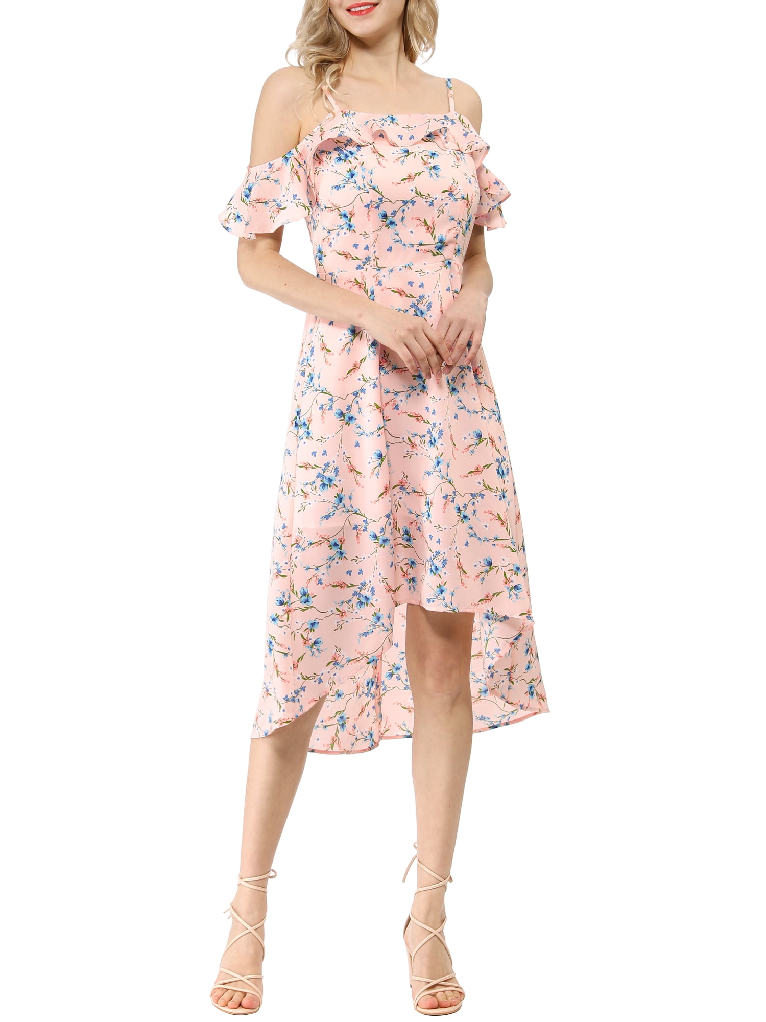 DARING DIVA Floral Spaghetti Straps Ruffled Sleeve Midi Dress S Pink