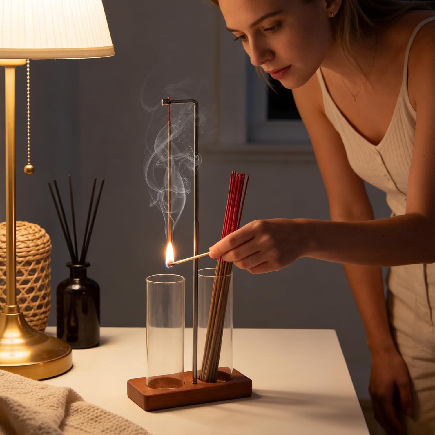 2 in 1 Incense Holder Wooden Modern Design, for Sticks with Glass Ash Catcher, Retractable Vertical Burner Yoga Spa Mess-Free Collector Meditation, Home Office Decor