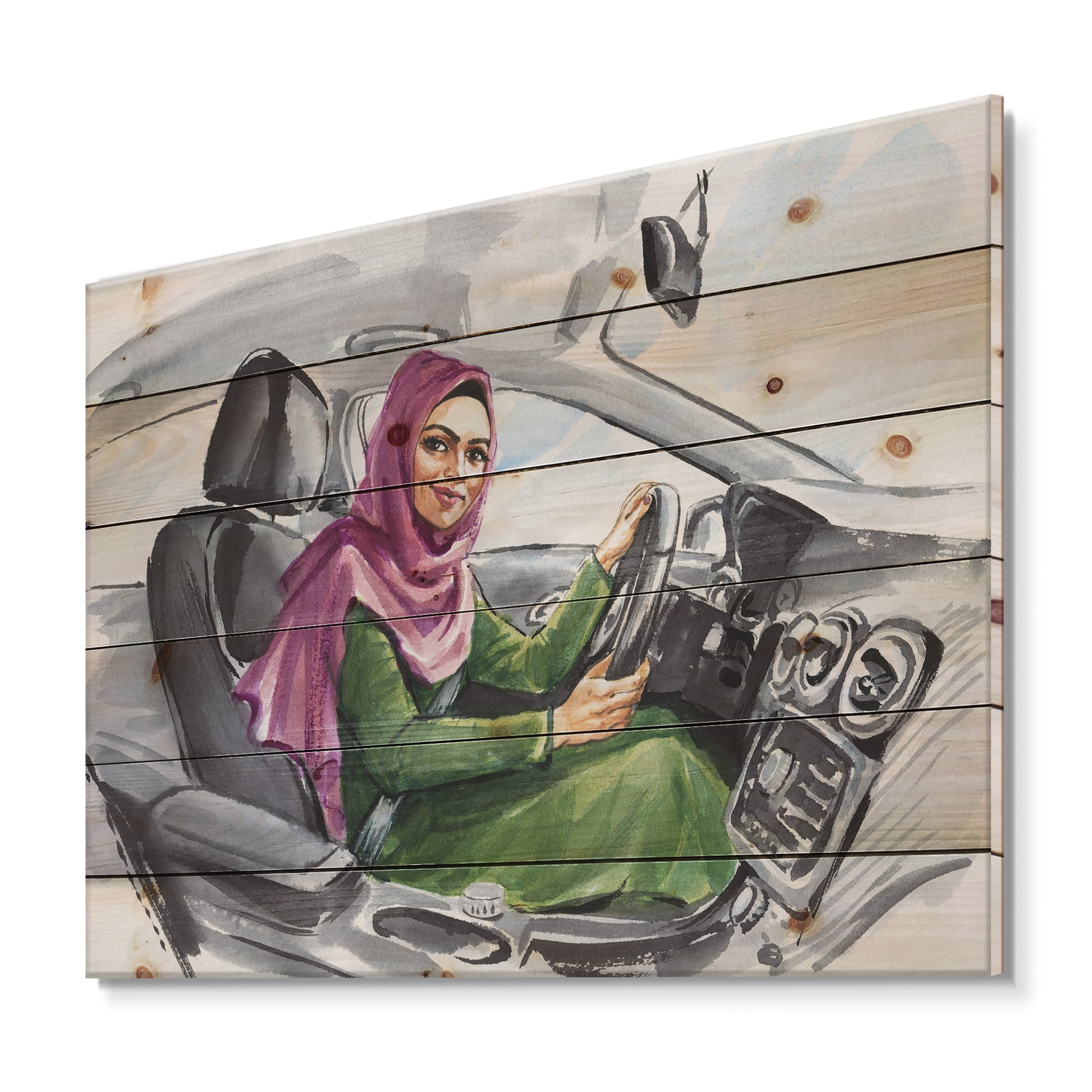 Designart 'Arabian Lady Driving A Car II' Modern Print on Natural Pine Wood