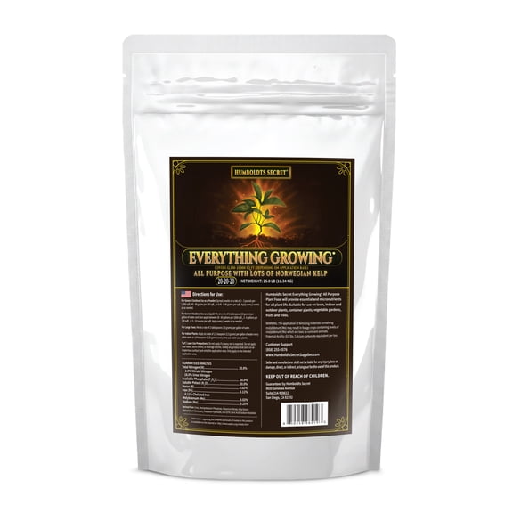Humboldts Secret Everything Growing 20-20-20 Fertilizer - All Purpose Water Soluble Plant Food - Balanced NPK with Norwegian Kelp - For Lawns Gardens, Vegetables, Flowers & Indoor Plants - 25 lb