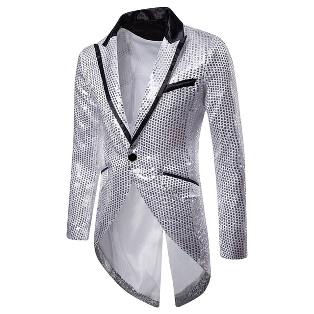 cllios Mens Sequin Tuxedo Jacket Slim Fit Tailcoat Dress Coat Swallowtail Dinner Party Wedding Blazer Suit
