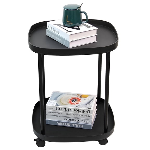 HMOSSVK Black small edge table, modern square 2-layer roller metal waterproof coffee table, used for living room, bedroom, bathroom, office, outdoor simple decoration table