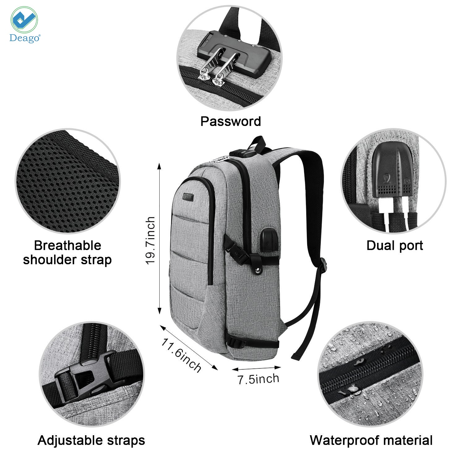 Deago Laptop Backpack, Business Anti Theft with lock Waterproof Travel Backpack with USB Charging Port for Laptops up to 17 inches (Gray) - image 4 of 9