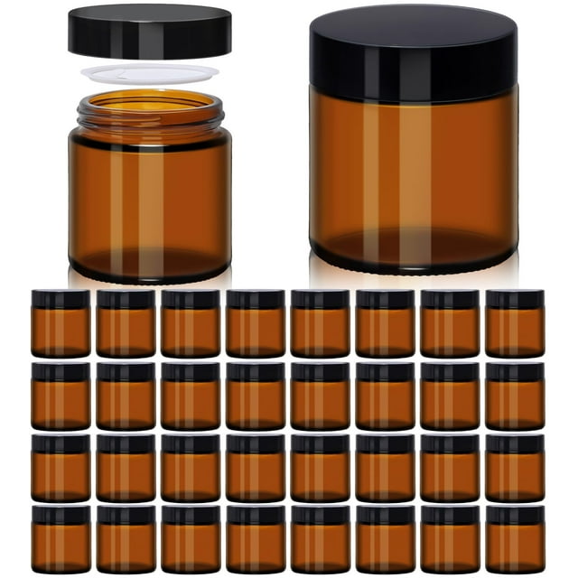 UPBUD 4 oz Amber Glass Jars with Lids - 32 Pack Brown Leakproof Cosmetic Containers with Inner Liners, Wide-Round Smooth Mouth, Sealable for Creams, Essential Oils, Body Butter,