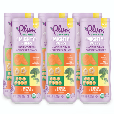 Plum Organics Mighty Puffs, Ancient Grain + Chickpea Snack, Carrot + Broccoli, 1.85 oz Canister, 6 Pack