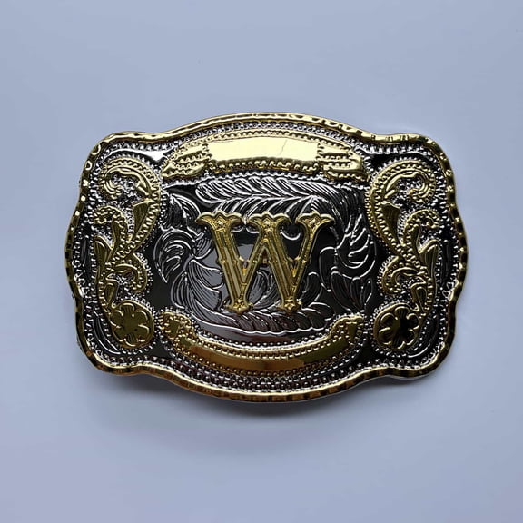 Bright Silver With Gold Initial Letter W Cowboy Cowgirl Rectangle Belt Buckle