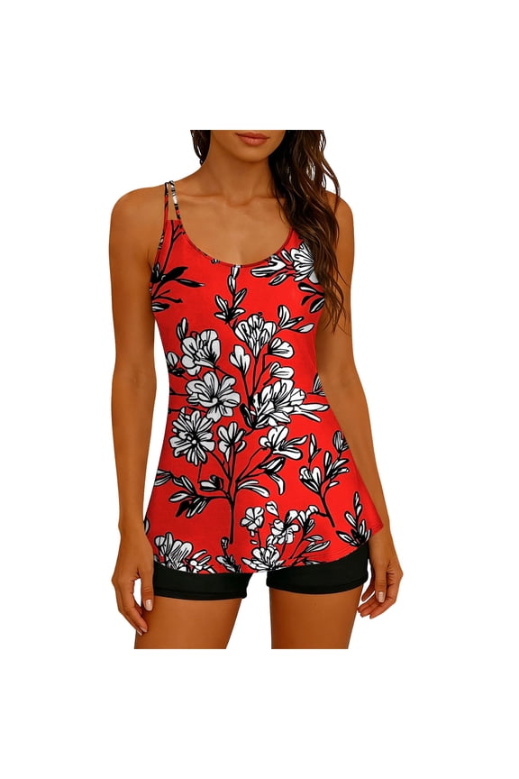 Womens Black Tankini Set 2 Piece Swimsuits High Waisted Boyshorts Tummy Control Swimwear Flowy Cross Back Top Plus Size S-XXL,Size 2XL